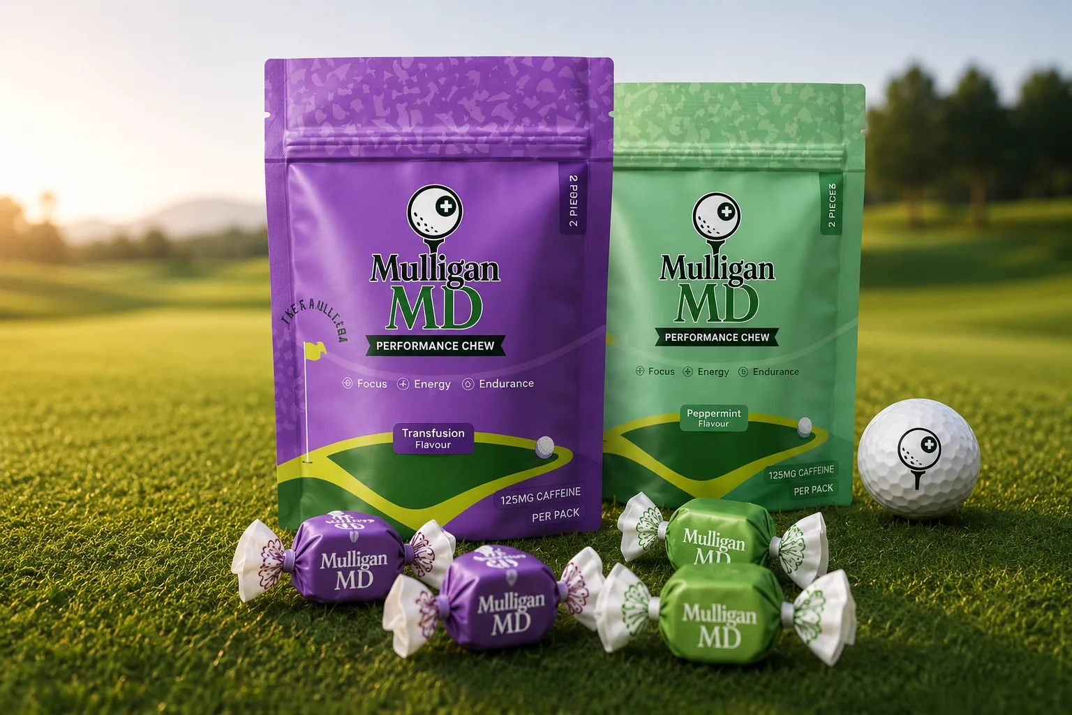 Mulligan MD Transfusion and Peppermint performance chew pouches on a golf course